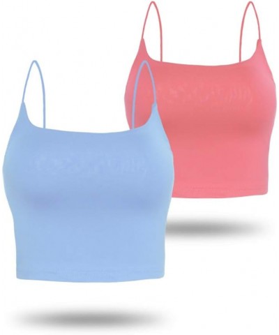 Amilia Women's Basic Solid Cami Spaghetti Double Layer Crop Tank Top Coral&light Blue $12.25 Tanks