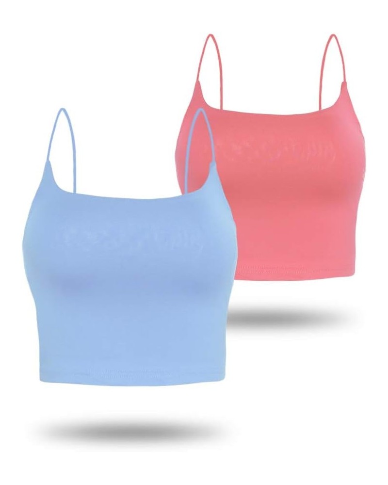 Amilia Women's Basic Solid Cami Spaghetti Double Layer Crop Tank Top Coral&light Blue $12.25 Tanks