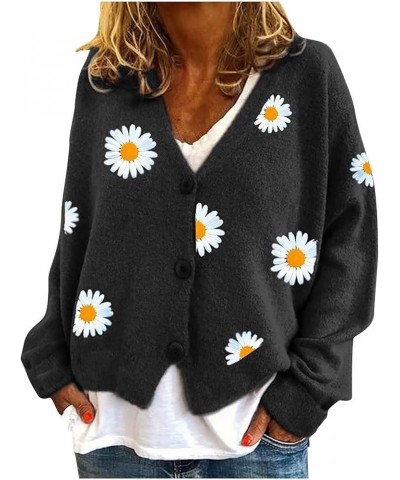 Womens Long Sleeve Button Comfy Sweater Cute Flower Graphic Cardigan Button Trendy Open Front Fall Clothes 01 Black $17.58 Sw...