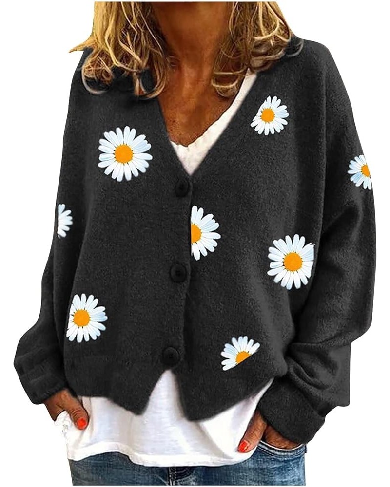 Womens Long Sleeve Button Comfy Sweater Cute Flower Graphic Cardigan Button Trendy Open Front Fall Clothes 01 Black $17.58 Sw...