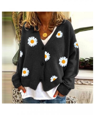 Womens Long Sleeve Button Comfy Sweater Cute Flower Graphic Cardigan Button Trendy Open Front Fall Clothes 01 Black $17.58 Sw...