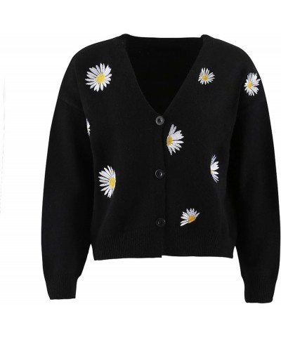 Womens Long Sleeve Button Comfy Sweater Cute Flower Graphic Cardigan Button Trendy Open Front Fall Clothes 01 Black $17.58 Sw...