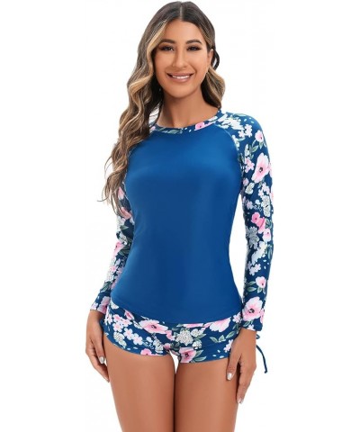 Women Two Piece Rash Guard Long Sleeve Swimsuits Sets UV UPF 50+ Cropped Swim Shirt with Boyshort Bottom Bathing Suits 4 Blue...