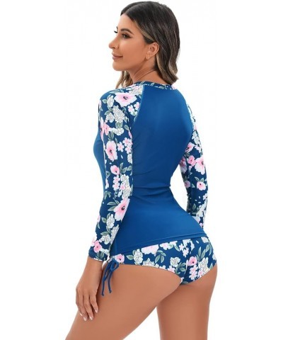 Women Two Piece Rash Guard Long Sleeve Swimsuits Sets UV UPF 50+ Cropped Swim Shirt with Boyshort Bottom Bathing Suits 4 Blue...