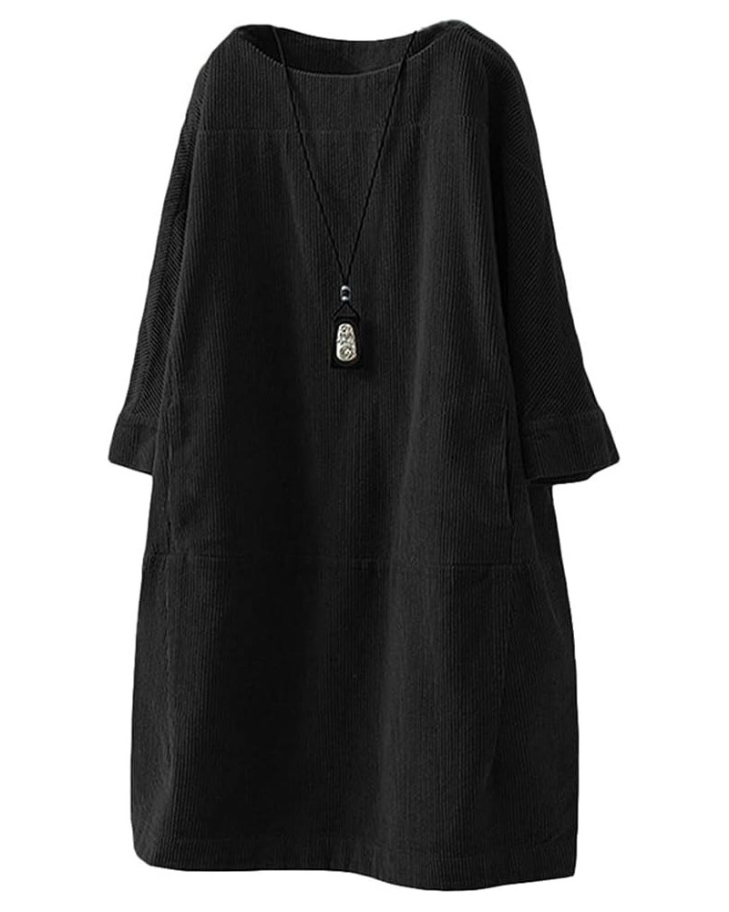 Women's Oversize Tunic Dress Corduroy Long Sleeve Tops with Pockets Black $20.80 Dresses