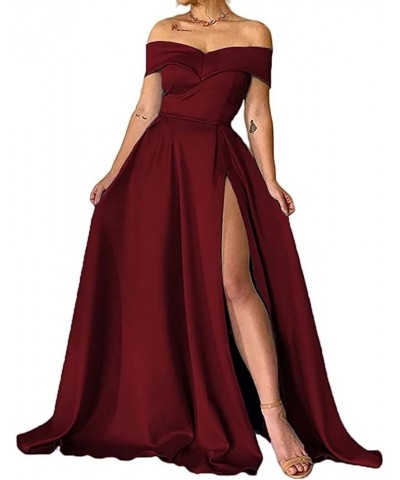 Women's Prom Dress Long Off The Shoulder Evening Dress A Line Military Ball Gown with Pockets Slit Party Dresses Burgundy $51...