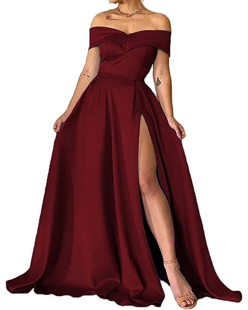 Women's Prom Dress Long Off The Shoulder Evening Dress A Line Military Ball Gown with Pockets Slit Party Dresses Burgundy $51...