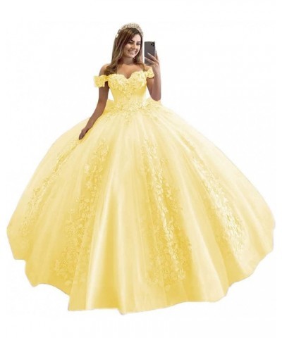 Off Shoulder Quinceanera Dresses for Girls 3D Flower Puffy Ball Gowns for Teens Sweet 16 Lace Prom Dresses for Women Yellow $...