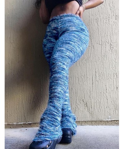 Women's Fashion Colorful Striped Stacked Fuzzy Pants Slim Fit Bell Bottom Tassel Sweatpants Pant Y2K Streetwear Blue $22.39 P...