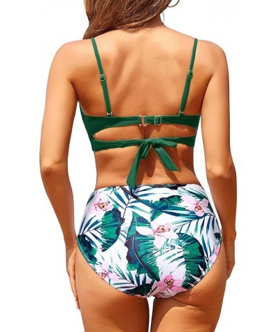 Women Two Piece High Waisted Bikini Set Tummy Control Bathing Suit Full Coverage Swimsuit Green Floral $15.80 Swimsuits