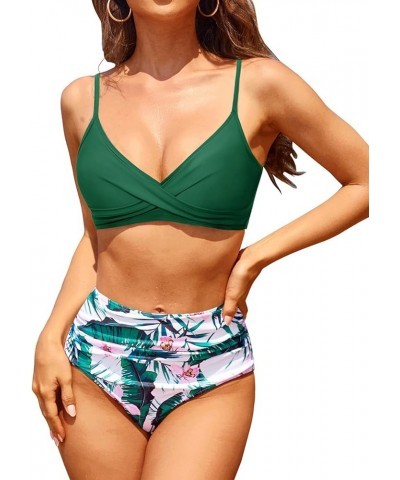 Women Two Piece High Waisted Bikini Set Tummy Control Bathing Suit Full Coverage Swimsuit Green Floral $15.80 Swimsuits