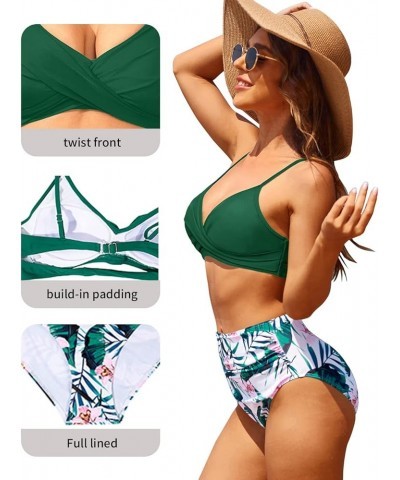 Women Two Piece High Waisted Bikini Set Tummy Control Bathing Suit Full Coverage Swimsuit Green Floral $15.80 Swimsuits