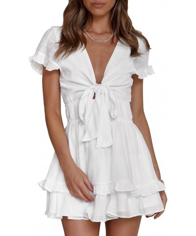 Womens Summer V Neck Tie Front Smocked Waist Short Sleeve Ruffle A Line Short Mini Dress White $23.84 Dresses