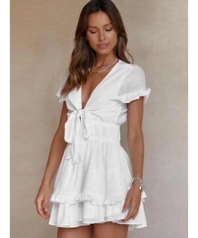 Womens Summer V Neck Tie Front Smocked Waist Short Sleeve Ruffle A Line Short Mini Dress White $23.84 Dresses