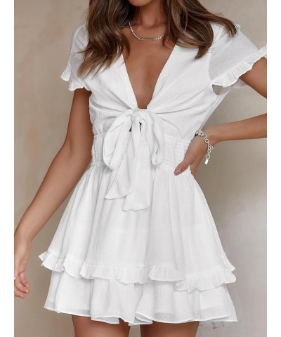 Womens Summer V Neck Tie Front Smocked Waist Short Sleeve Ruffle A Line Short Mini Dress White $23.84 Dresses