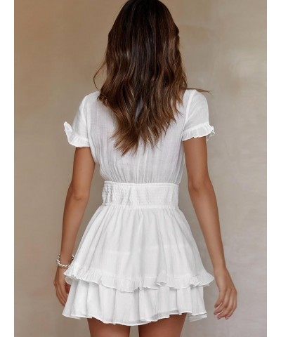 Womens Summer V Neck Tie Front Smocked Waist Short Sleeve Ruffle A Line Short Mini Dress White $23.84 Dresses