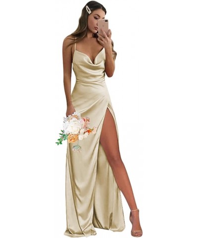 Cowl Neck Satin Bridesmaid Dresses for Wedding Mermaid Spaghetti Straps Long Prom Party Gown with Slit Champagne $23.10 Dresses