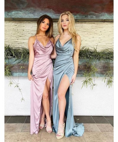 Cowl Neck Satin Bridesmaid Dresses for Wedding Mermaid Spaghetti Straps Long Prom Party Gown with Slit Champagne $23.10 Dresses