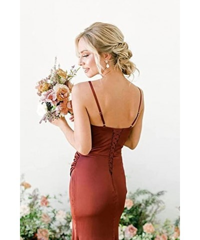 Cowl Neck Satin Bridesmaid Dresses for Wedding Mermaid Spaghetti Straps Long Prom Party Gown with Slit Champagne $23.10 Dresses