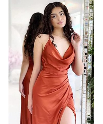 Cowl Neck Satin Bridesmaid Dresses for Wedding Mermaid Spaghetti Straps Long Prom Party Gown with Slit Champagne $23.10 Dresses