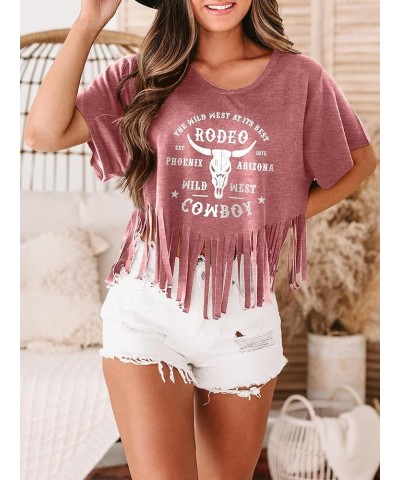 Women Graphic Tees Western Shirts Vintage Cowgirl Fringe Shirt Country Concert Tops Short Sleeve A-04 Pink $13.19 T-Shirts