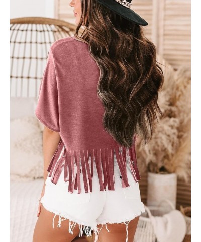 Women Graphic Tees Western Shirts Vintage Cowgirl Fringe Shirt Country Concert Tops Short Sleeve A-04 Pink $13.19 T-Shirts