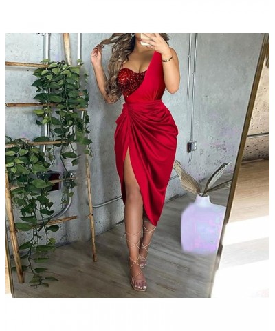 Wedding Guest Dresses for Women Sexy One Shoulder Sequin Smocked Formal Dress Sleeveless Side Slit Wrap Evening Party Dresses...