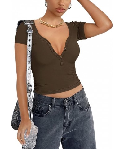 Women's Sexy Henley V Neck Button Down Short Sleeve Going Out Y2K Ribbed Tshirts Crop Tops Coffee $10.19 Tops