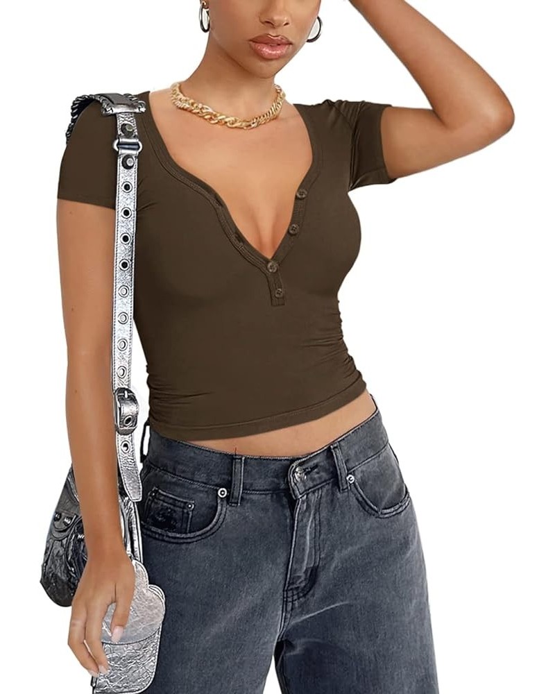 Women's Sexy Henley V Neck Button Down Short Sleeve Going Out Y2K Ribbed Tshirts Crop Tops Coffee $10.19 Tops