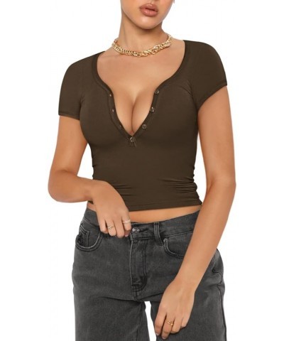 Women's Sexy Henley V Neck Button Down Short Sleeve Going Out Y2K Ribbed Tshirts Crop Tops Coffee $10.19 Tops