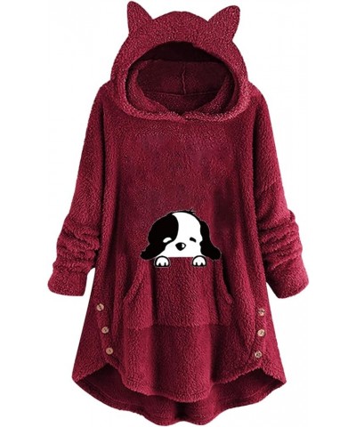 Women's Hoodies Coat Cat Ear Cap Plush Tops Fashion Loose Plus Size Button Long Sleeve Stitching Pullover Sweaters 7wine $12....