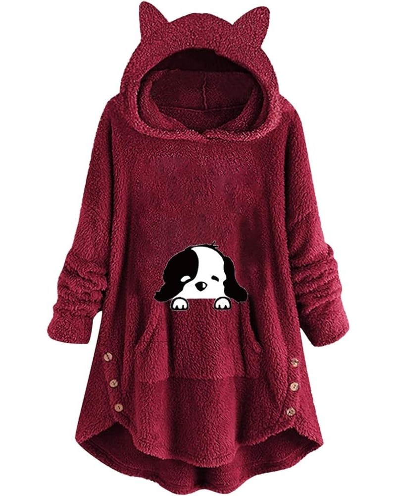 Women's Hoodies Coat Cat Ear Cap Plush Tops Fashion Loose Plus Size Button Long Sleeve Stitching Pullover Sweaters 7wine $12....