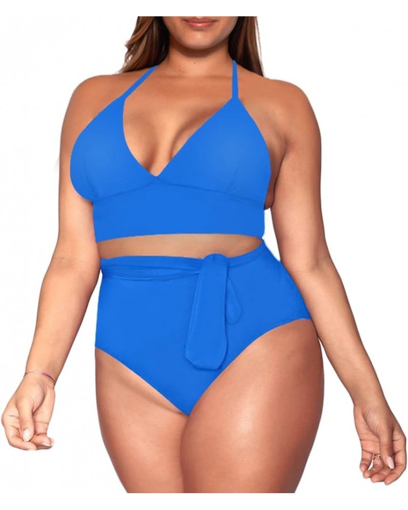 Women's Plus Size High Waisted Tummy Control Swimwear Swimsuit Full Coverage Tiny-halter-strap Sky Blue $15.91 Swimsuits