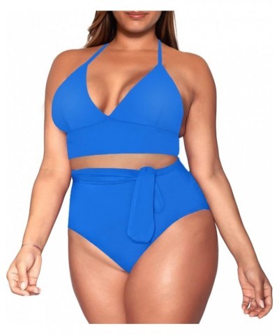 Women's Plus Size High Waisted Tummy Control Swimwear Swimsuit Full Coverage Tiny-halter-strap Sky Blue $15.91 Swimsuits