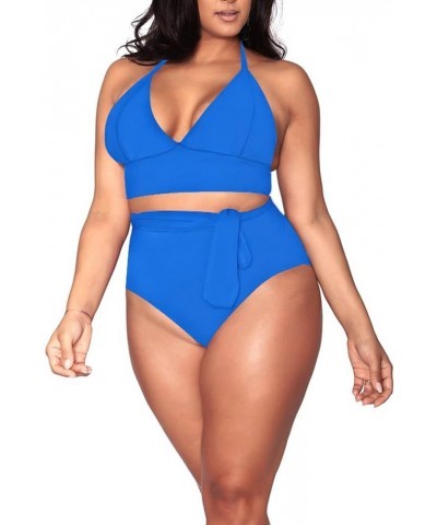 Women's Plus Size High Waisted Tummy Control Swimwear Swimsuit Full Coverage Tiny-halter-strap Sky Blue $15.91 Swimsuits