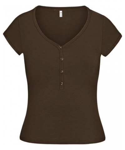 Women's Sexy Henley V Neck Button Down Short Sleeve Going Out Y2K Ribbed Tshirts Crop Tops Coffee $10.19 Tops