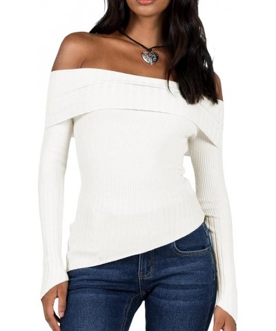 Women's 2024 Long Sleeve Off Shoulder Knit Sweater Y2k Slim Fit Casual Going Out Ribbed Crop Tops Spring Clothing G White $11...