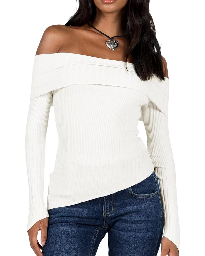 Women's 2024 Long Sleeve Off Shoulder Knit Sweater Y2k Slim Fit Casual Going Out Ribbed Crop Tops Spring Clothing G White $11...