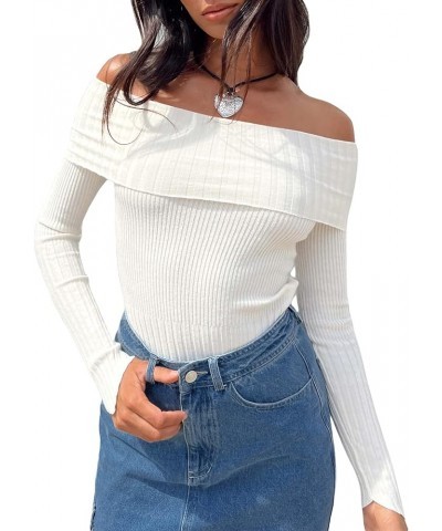 Women's 2024 Long Sleeve Off Shoulder Knit Sweater Y2k Slim Fit Casual Going Out Ribbed Crop Tops Spring Clothing G White $11...