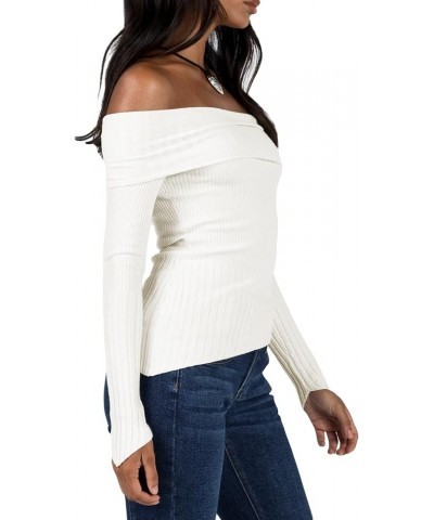 Women's 2024 Long Sleeve Off Shoulder Knit Sweater Y2k Slim Fit Casual Going Out Ribbed Crop Tops Spring Clothing G White $11...