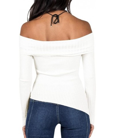 Women's 2024 Long Sleeve Off Shoulder Knit Sweater Y2k Slim Fit Casual Going Out Ribbed Crop Tops Spring Clothing G White $11...