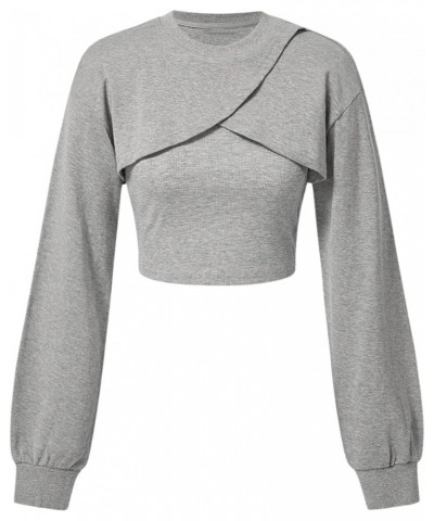 Women's Colorblock 2 in 1 Tops Round Neck Drop Shoulder Pullovers Crop Wrap Sweatshirt Grey $15.59 Hoodies & Sweatshirts