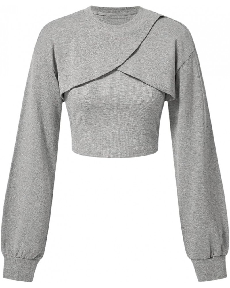 Women's Colorblock 2 in 1 Tops Round Neck Drop Shoulder Pullovers Crop Wrap Sweatshirt Grey $15.59 Hoodies & Sweatshirts