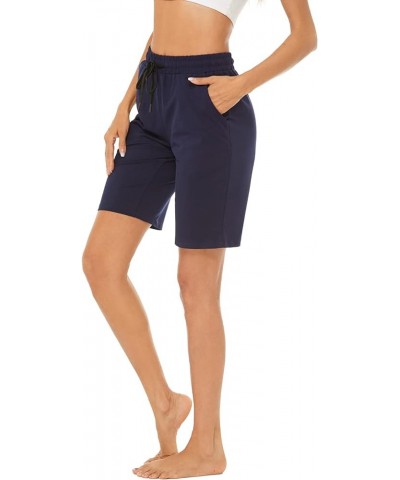 Women's 10" Cotton Jersey Bermuda Knee Length Sweat Shorts with Pockets Navy $14.55 Activewear