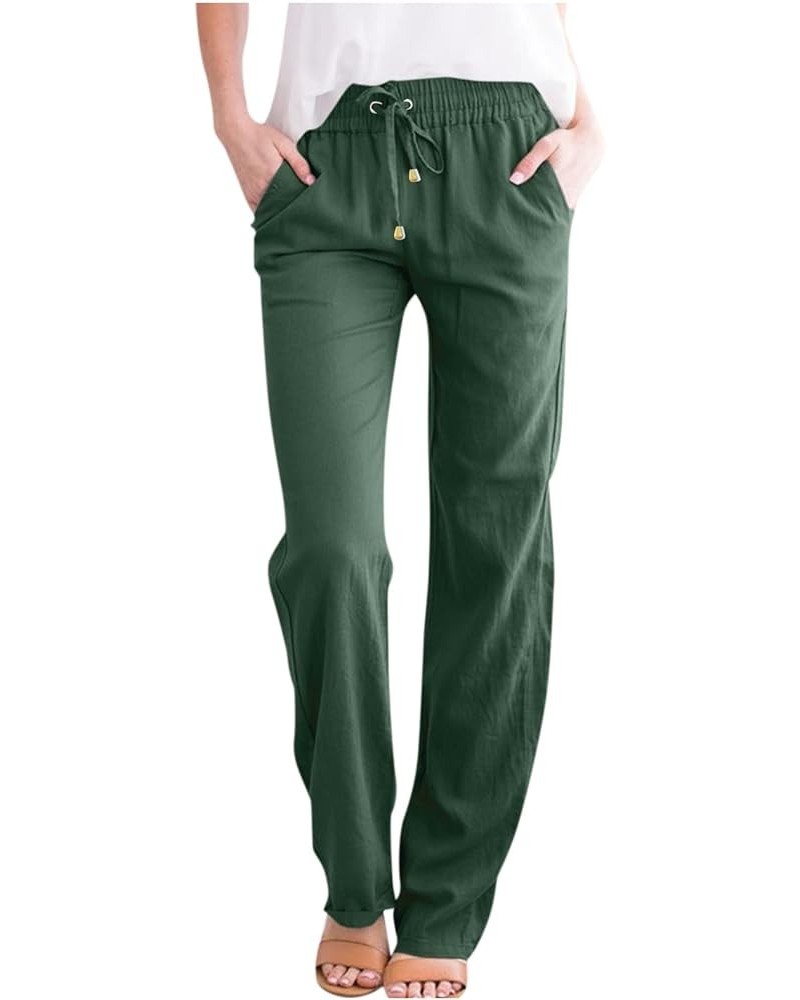 Linen Pants for Women Casual Pants Straight Leg Drawstring Elastic High Waist Loose Comfy Trousers with Pockets A-army Green ...