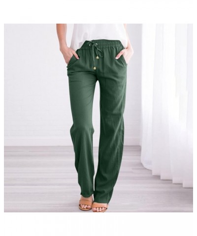 Linen Pants for Women Casual Pants Straight Leg Drawstring Elastic High Waist Loose Comfy Trousers with Pockets A-army Green ...