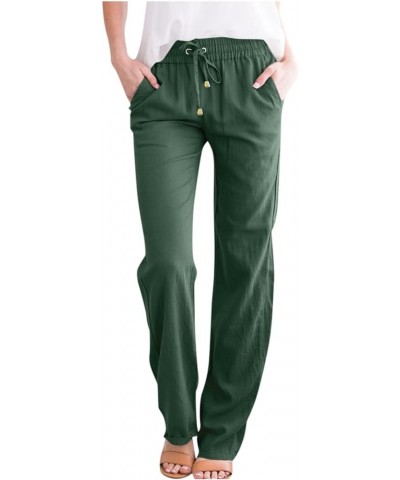 Linen Pants for Women Casual Pants Straight Leg Drawstring Elastic High Waist Loose Comfy Trousers with Pockets A-army Green ...