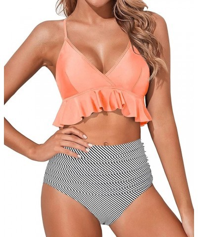 Women Two Piece Swimsuits High Waisted Bikini Set Ruffle Flounce Tummy Control Bottoms Bathing Suit Pink Striped $15.48 Swims...