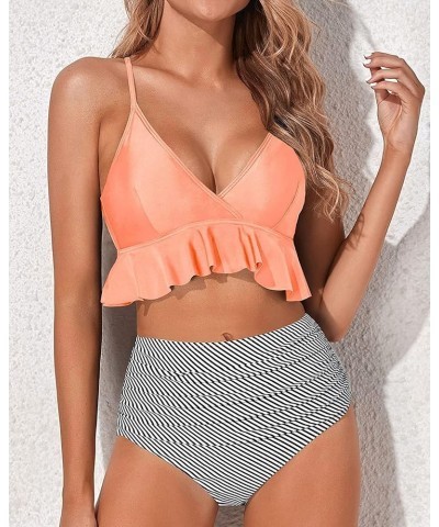 Women Two Piece Swimsuits High Waisted Bikini Set Ruffle Flounce Tummy Control Bottoms Bathing Suit Pink Striped $15.48 Swims...