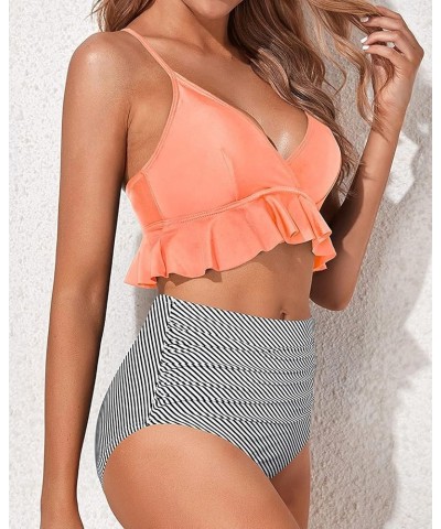 Women Two Piece Swimsuits High Waisted Bikini Set Ruffle Flounce Tummy Control Bottoms Bathing Suit Pink Striped $15.48 Swims...